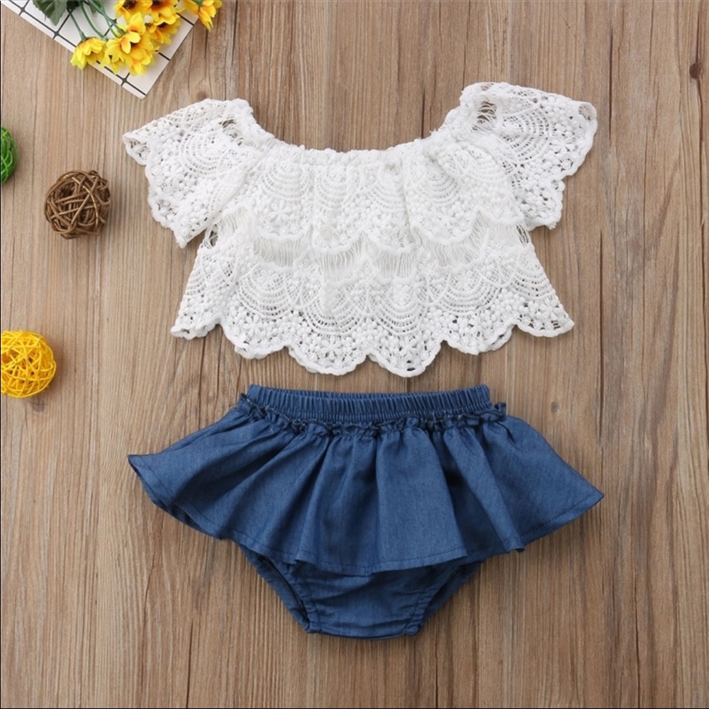 NWT!! Off the shoulder top and denim skirt! 12M